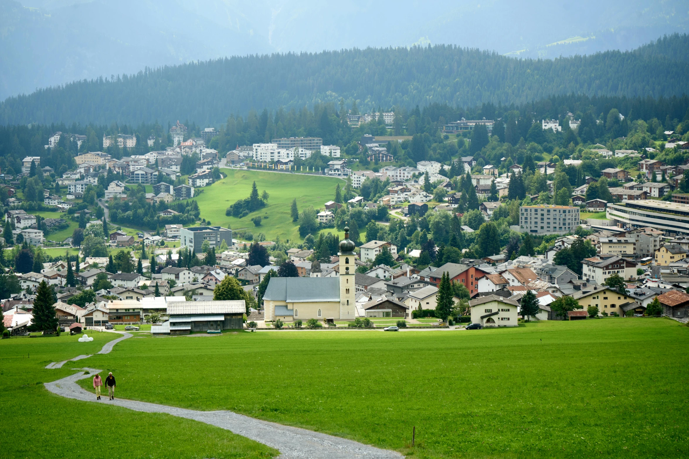 a view of a town from the top of a hill, by Werner Andermatt, pixabay, lush green meadow, with mountains as background, museum photo, istockphoto