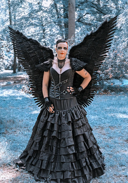 a woman in a black dress with black wings, pexels contest winner, baroque, an epic non - binary model, family photo, dressed in crustpunk clothing, facebook post