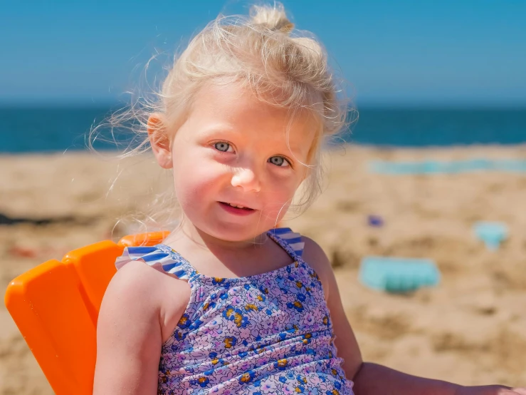 a little girl sitting in a chair on the beach, a portrait, pexels contest winner, sunbathed skin, thumbnail, 1 4 9 3, closeup portrait