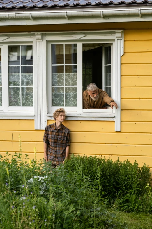 a couple of people that are looking out of a window, midsummer, yellowed with age, standing outside a house, quicksilver