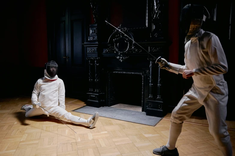 a couple of men standing next to each other on a wooden floor, inspired by Horace Vernet, pexels contest winner, visual art, fencing, on display in the louvre, video still, annie leibowitz