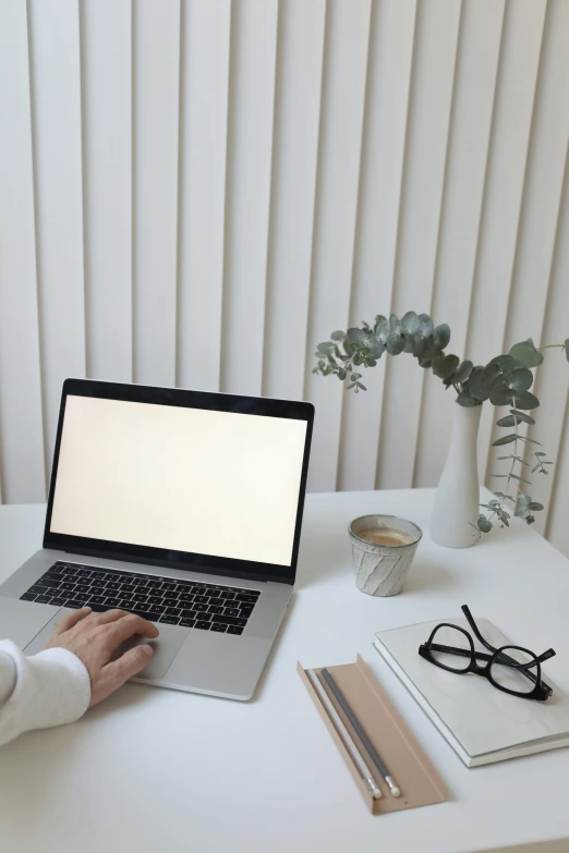 a person sitting at a table with a laptop, trending on pexels, light cream and white colors, next to a plant, no - text no - logo, basic background