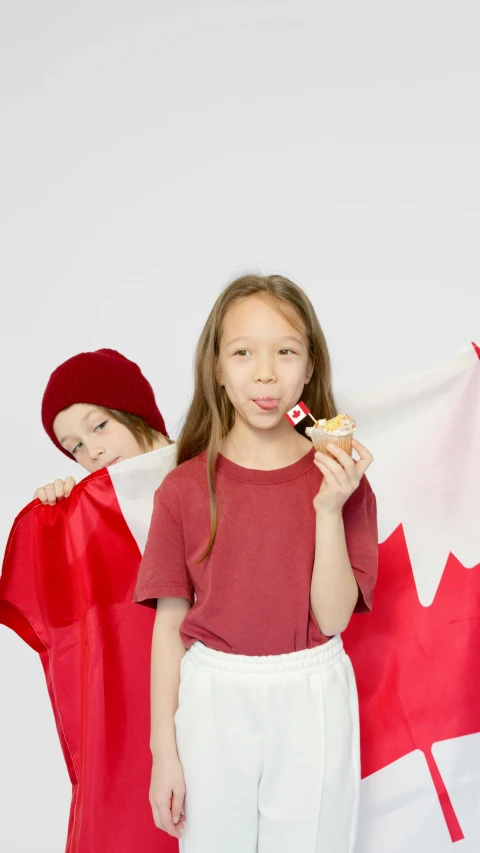 a group of children standing next to each other holding a canadian flag, a cartoon, shutterstock contest winner, cupcake, hi-res, demna gvasalia, promotional image