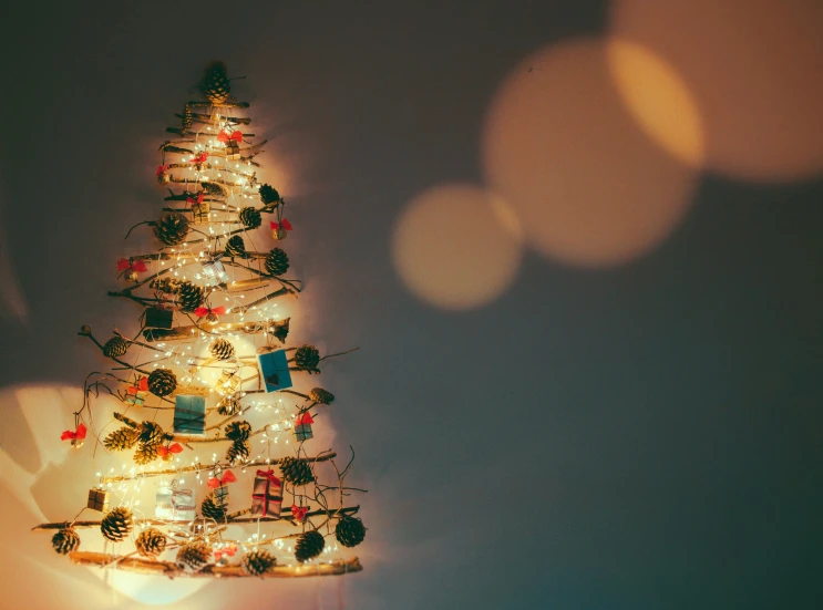 a small christmas tree sitting on top of a table, an album cover, pexels, background image, party lights, profile image