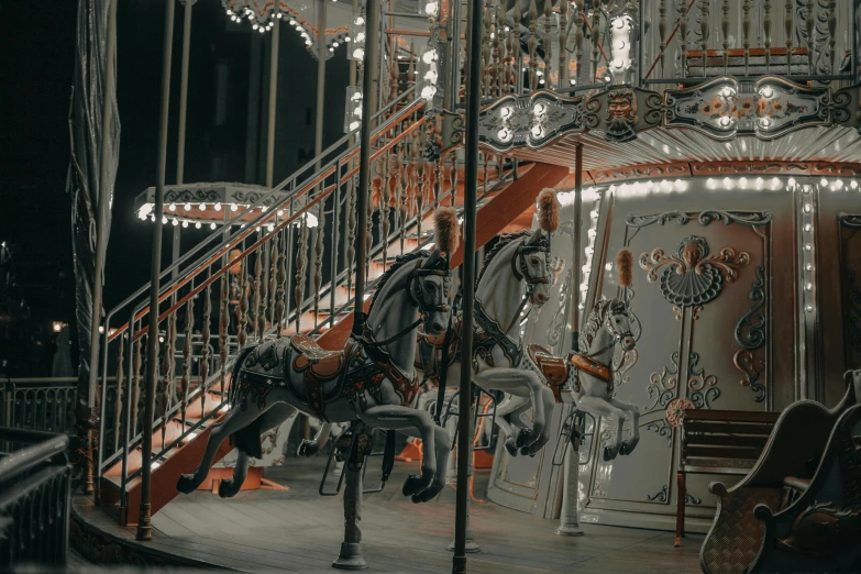 a close up of a horse on a carousel, by Carey Morris, pexels contest winner, baroque, grayish, nighttime scene, thumbnail, flat illustration