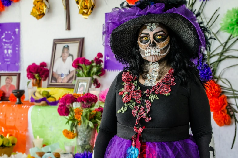 a woman in a day of the dead costume, by Meredith Dillman, pexels contest winner, displayed on an altar, a purple and white dress uniform, photo of a black woman, slide show