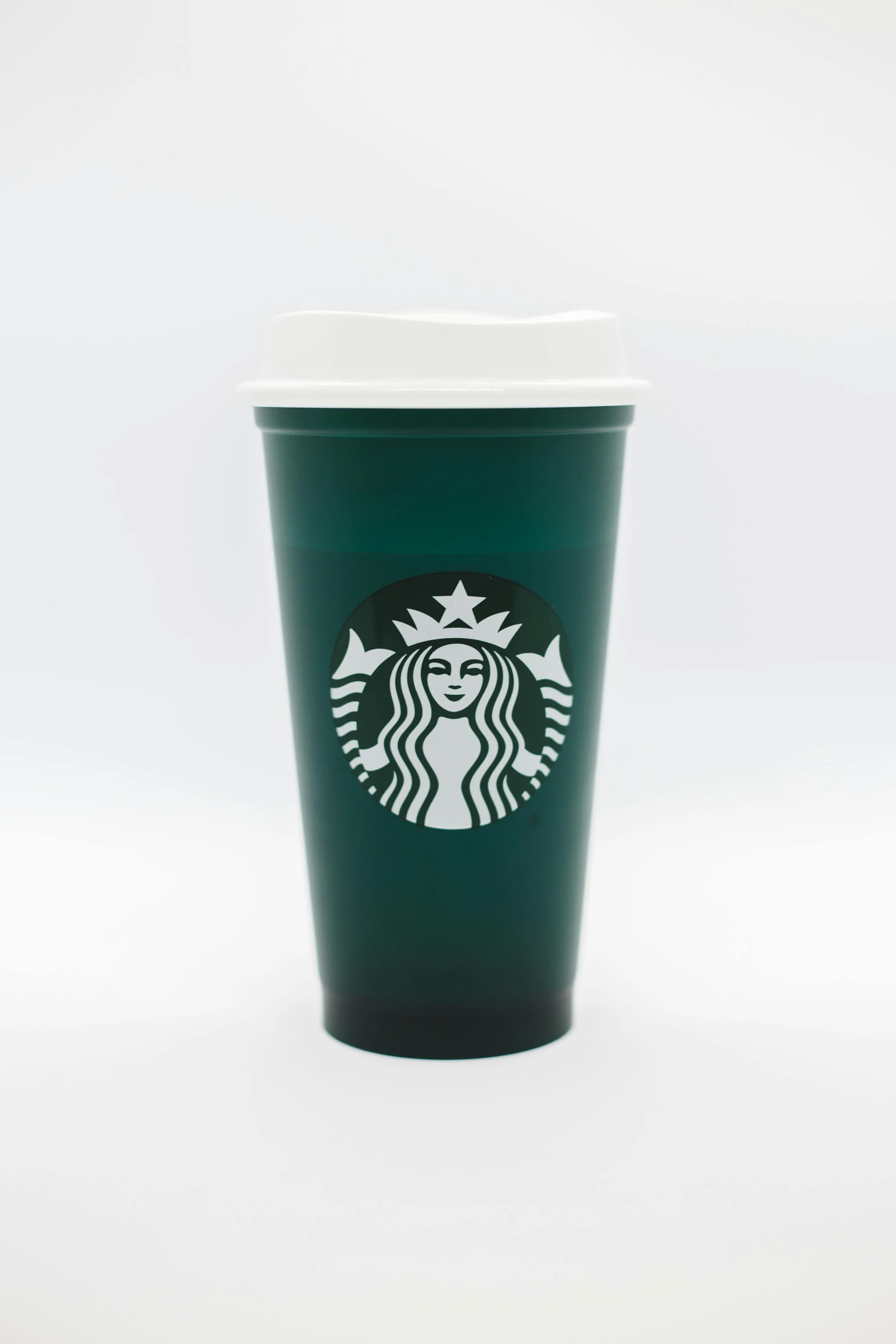 a starbucks cup on a white background, reddit, dark emerald mist colors, made out of plastic, full face view, spray