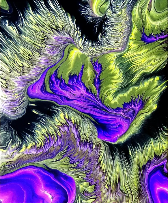 a purple and green painting on a black background, an ultrafine detailed painting, generative art, deepdream, surreal black and yellow, turbulence, stunning lines