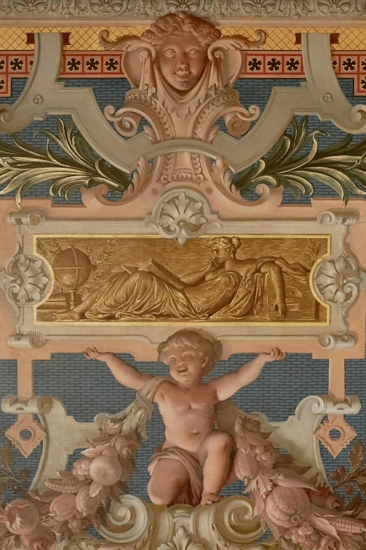 a close up of a statue on a wall, a detailed painting, inspired by Gustave Boulanger, neoclassicism, complex ceiling, part of the screen, high-body detail, 17th-century