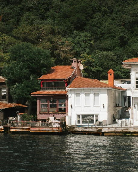 a couple of houses sitting on top of a body of water, pexels contest winner, art nouveau, turkish and russian, thumbnail, boat dock, low quality photo