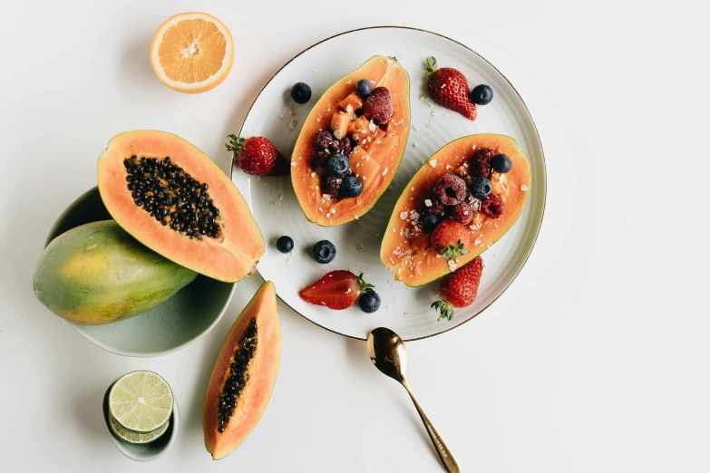 a plate that has some fruit on it, trending on unsplash, hurufiyya, 🦩🪐🐞👩🏻🦳, wearing a melon, photoshoot for skincare brand, breakfast buffet