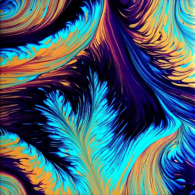 blue and orange swirls on a black background, an ultrafine detailed painting, by George Aleef, unsplash, fractal feathers, oil slick, amoled wallpaper, tropical bird feathers
