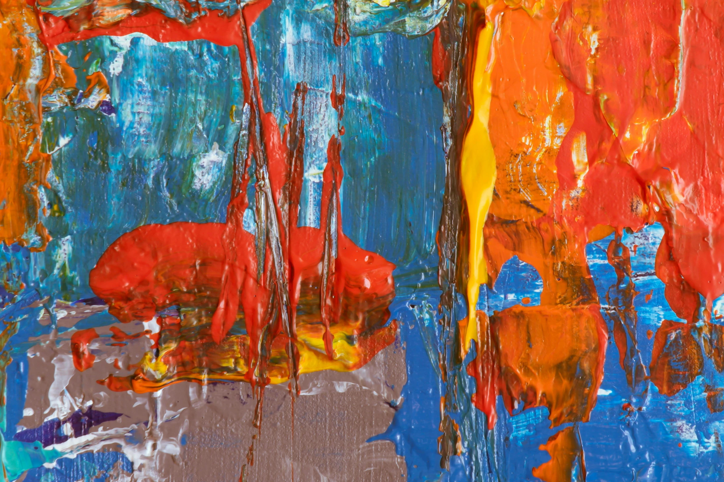 a close up of a painting on a wall, by Micha Klein, pexels contest winner, abstract expressionism, red orange blue beige, highly saturated, plastic and fabric, glossy paint