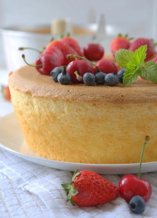 a white plate topped with a cake covered in berries, a pastel, by Tsuruko Yamazaki, unsplash, sponge, chilean, profile close-up view, panoramic