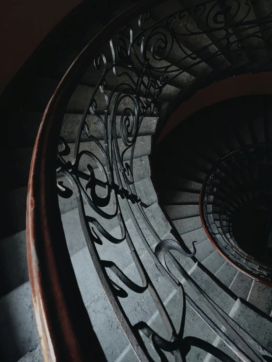 a close up of a spiral staircase in a building, an album cover, pexels contest winner, baroque, dark and muted colors, low quality photo, made of wrought iron, snapchat photo