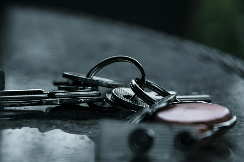 a bunch of keys sitting on top of a table, unsplash, photorealism, dark and misty, vehicle, hook as ring, low quality photo