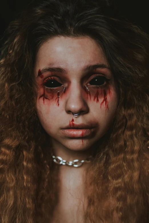 a close up of a woman with blood on her face, an album cover, trending on pexels, antipodeans, teenage girl, large entirely-black eyes, stitches, with haunted eyes and curly hair