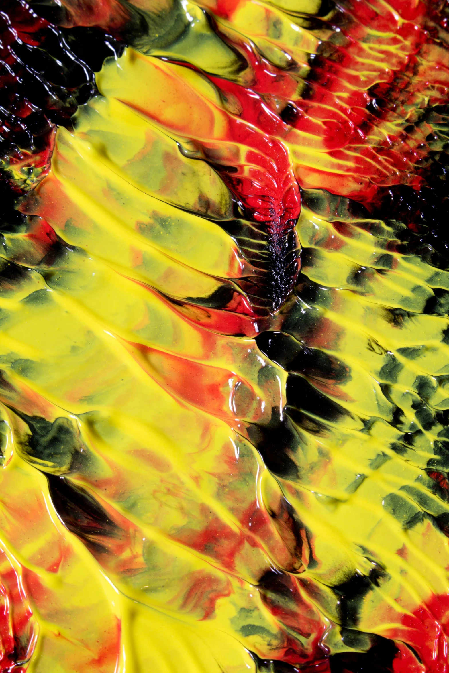 a close up of a plate of food on a table, a microscopic photo, inspired by Umberto Boccioni, fiery palette, molten glass, black and yellow and red scheme, reptilian skin