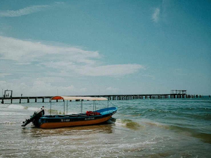 a boat sitting on top of a beach next to the ocean, pexels contest winner, near a jetty, colombian, profile image, thumbnail