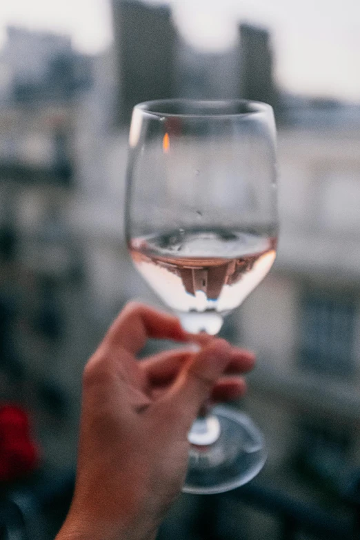 a person holding a wine glass in their hand, pexels contest winner, pink hues, bokeh paris in background, promo image, balcony