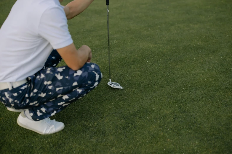 a man kneeling down with a golf club in his hand, pexels contest winner, patterned clothing, avatar image, sports clothing, lawn