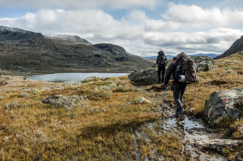 a couple of people that are walking in the grass, by Eero Snellman, hurufiyya, mountain water, adventure gear, brown, grey