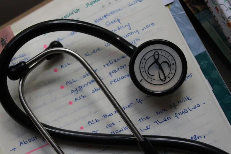a stethoscope laying on top of a notebook, a picture, happening, intricate writing, thumbnail, multiple stories, unedited