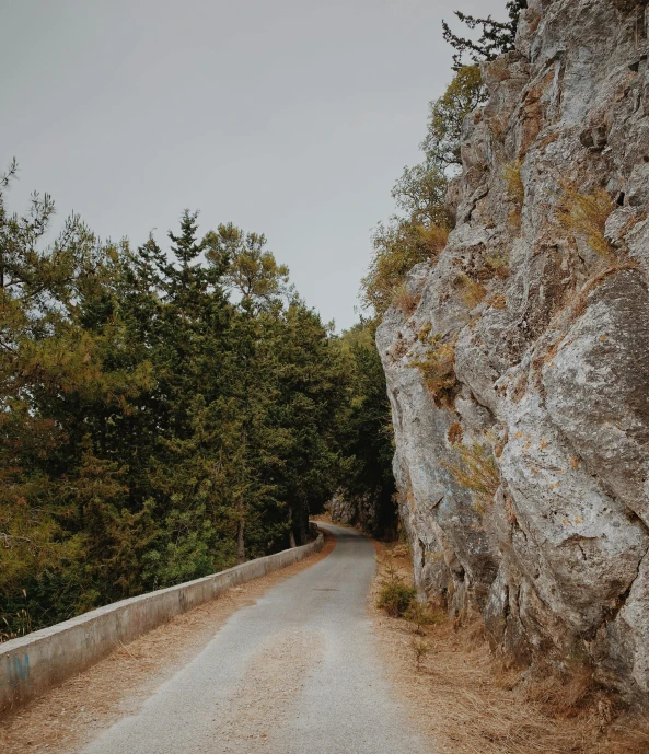 a motorcycle parked on the side of a road next to a cliff, pexels contest winner, road between tall trees, greece, texture, gravels around