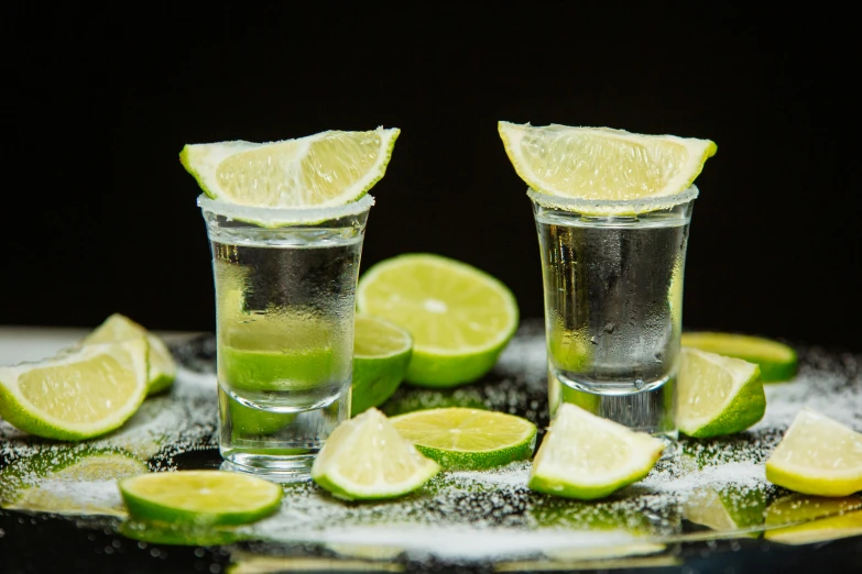 two shot glasses with lime slices on a tray, by Julia Pishtar, pexels, mexican, full body! shot, 🍸🍋