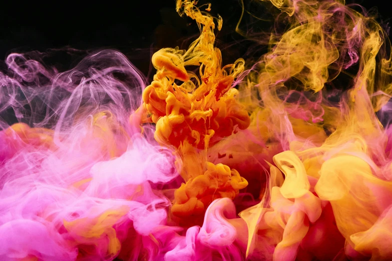 a close up of colored smoke on a black background, inspired by Kim Keever, pexels, pink and yellow, underwater ink, illustration », liquid gold