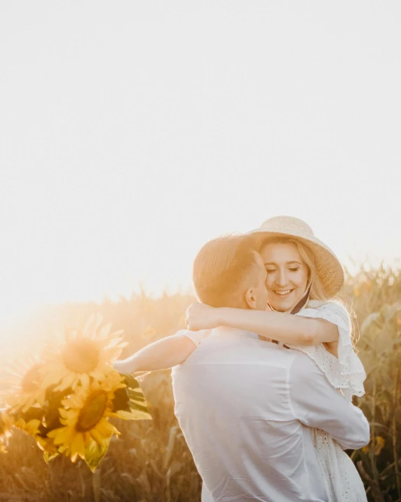 a woman standing in a field holding a sunflower, pexels contest winner, romanticism, two men hugging, wearing a straw hat and overalls, profile image, wedding