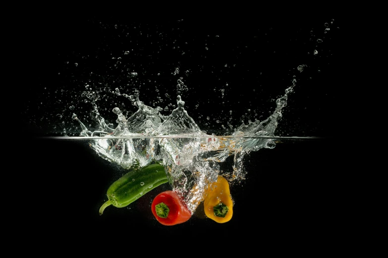 a group of peppers splashing into the water, by Matthias Stom, process art, high quality product image”, multicoloured, medium-shot, splash image