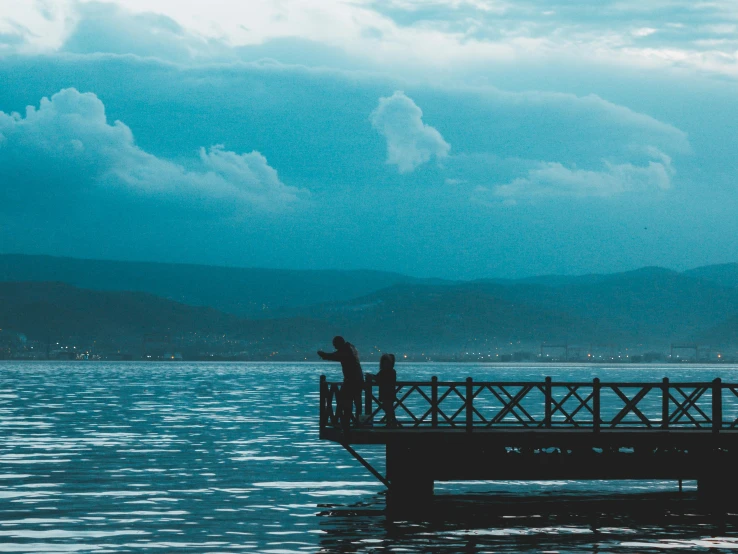 a person standing on a pier next to a body of water, a picture, blue hue, 2 people, illustration »