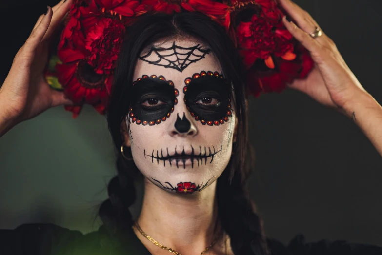 a woman with a flower crown on her head, inspired by Frida Kahlo, pexels contest winner, lowbrow, cute skeleton, avatar image, kabuki makeup