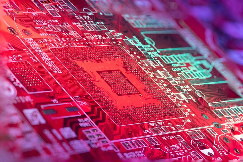 a close up of a printed circuit board, a computer rendering, by Adam Marczyński, shutterstock, computer art, pink and red colors, instagram post, hacking into the mainframe, vibrant red colors