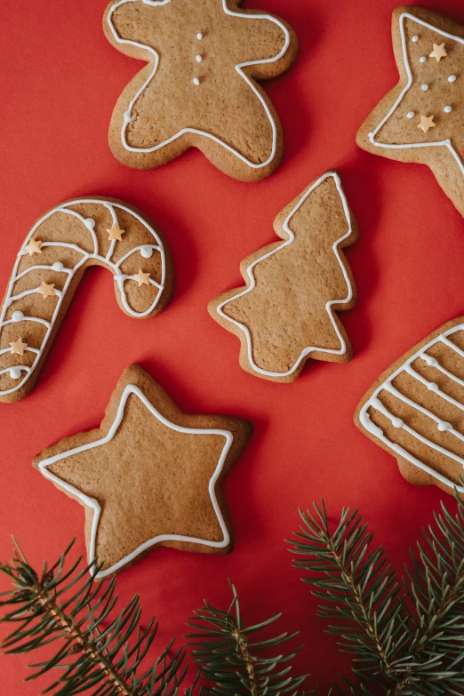 ginger cookies and christmas decorations on a red background, by Julia Pishtar, goop, reverse, thumbnail, cuts