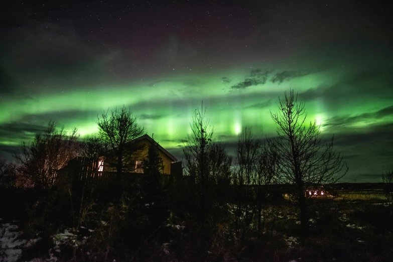 a house with the aurora lights in the sky, a portrait, fujifilm”, wide angle”, green, grey