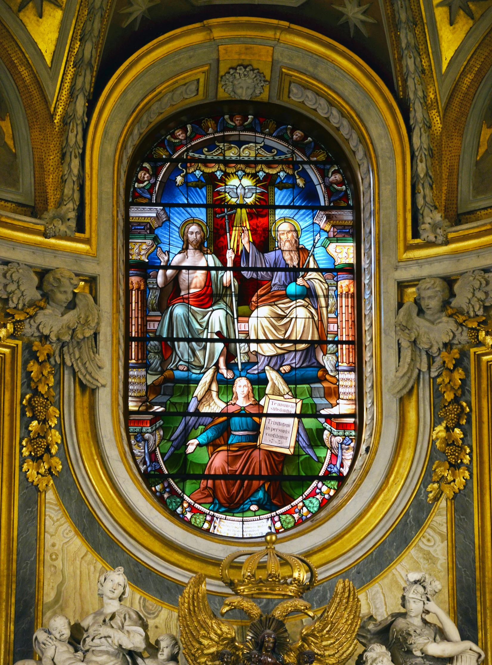 a close up of a stained glass window in a building, by Cagnaccio di San Pietro, shutterstock, neoclassicism, displayed on an altar, full frame image, multiple stories, wide high angle view