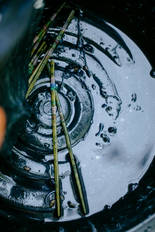 a close up of a bowl of food with chopsticks in it, an album cover, by Jan Tengnagel, unsplash, process art, water wheel, high angle shot, scratched vial, water bubbles