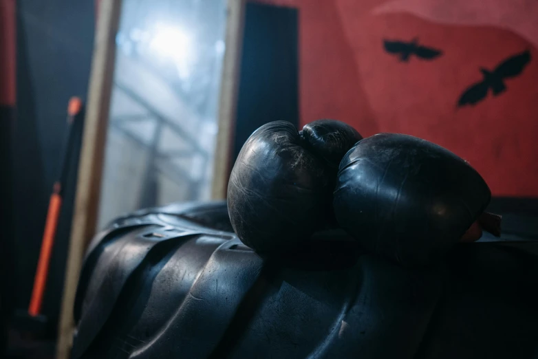 a close up of a pair of boxing gloves, a still life, unsplash, three bat head, foreboding room, softplay, barrel chested