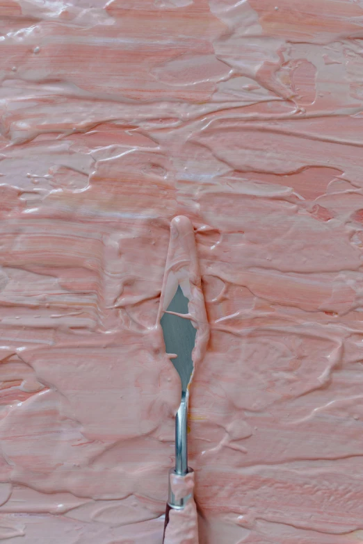 a piece of cake with a fork sticking out of it, a detailed painting, inspired by Julio Larraz, flickr, pastel pink skin tone, clay texture, muscle tissue, detail texture