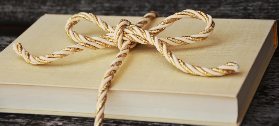 a book with a rope wrapped around it, a macro photograph, by Helen Stevenson, pexels contest winner, gold decoration, thick bow, silver，ivory, handcrafted