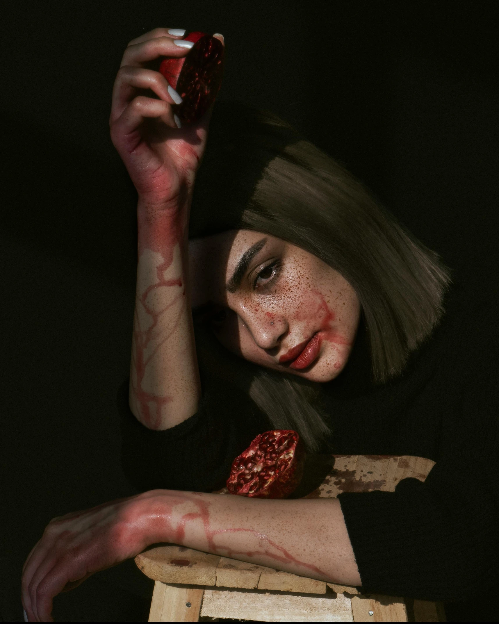 a close up of a person holding a cell phone, an album cover, inspired by Elsa Bleda, trending on pexels, transgressive art, pale woman covered with blood, extremely detailed woman, (heart), covered in ketchup