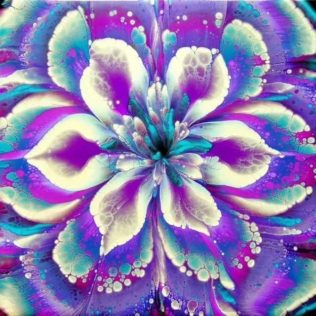 a close up of a purple and blue flower, an airbrush painting, psychedelic art, resin and clay art, highly detailed symmetry, white and purple, sparkling petals