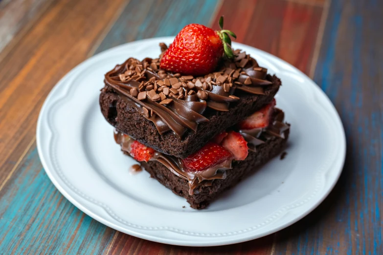 a piece of chocolate cake with strawberries on top, unsplash, square, snacks, kek, traditional medium