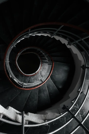 a black and white photo of a spiral staircase, by Daniel Seghers, unsplash contest winner, black and white and red, deeply hyperdetailed, deep colour, worm's eye view from the floor