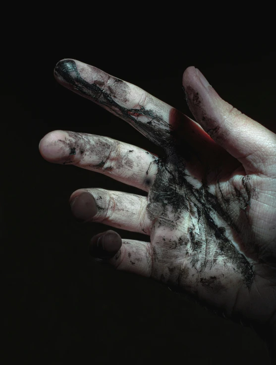 a close up of a person's hand with dirt on it, an album cover, inspired by Elsa Bleda, pexels contest winner, hyperrealism, black metal face paint, chopping hands, (night), dark undertones