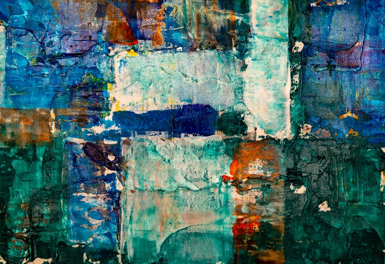 a close up of a painting on a wall, by Micha Klein, trending on pixabay, abstract art, patchwork, green and blue and warm theme, plastic and fabric, squares