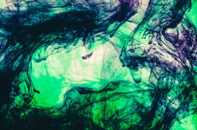 a close up of a black and green painting, a microscopic photo, by Micha Klein, pexels, abstract expressionism, purple liquid, underwater smoke, mobile wallpaper