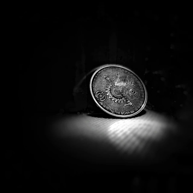 a coin sitting on top of a table in the dark, a black and white photo, detailed product photo, [ metal ], ringflash, medallion